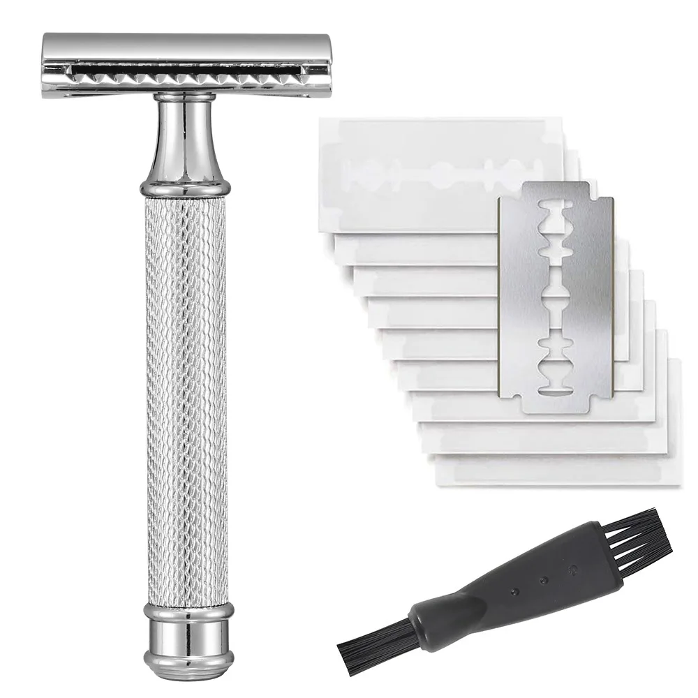 Men's Vintage Metal Razor Double Edge Safety Razor Manual Razor With 10 Shaving Blades and 1 Cleaning Brush