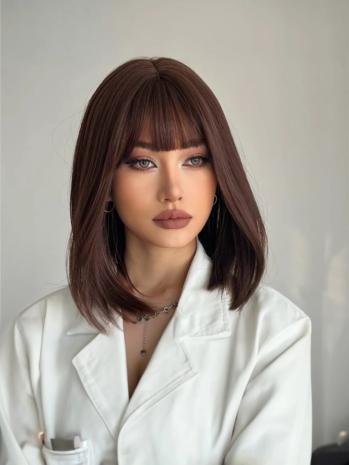 

12 Inch Chocolate brown Short Bob Wigs With Bangs Light Yaki Straight Hair Blunt Cut Glueless Wigs Realistic Look Daily Costume