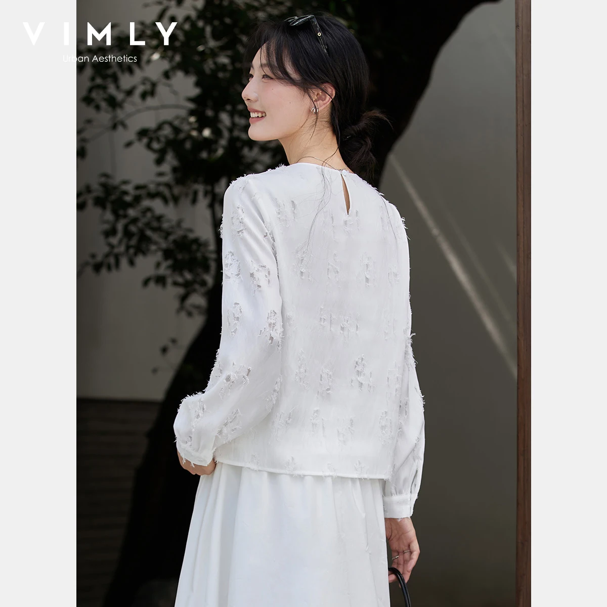 VIMLY Women's White Tassel Blouse Fall 2025 Sweet Style Lantern Sleeve Long Sleeve Tops for Woman Round Neck Ladies Blouse A3077