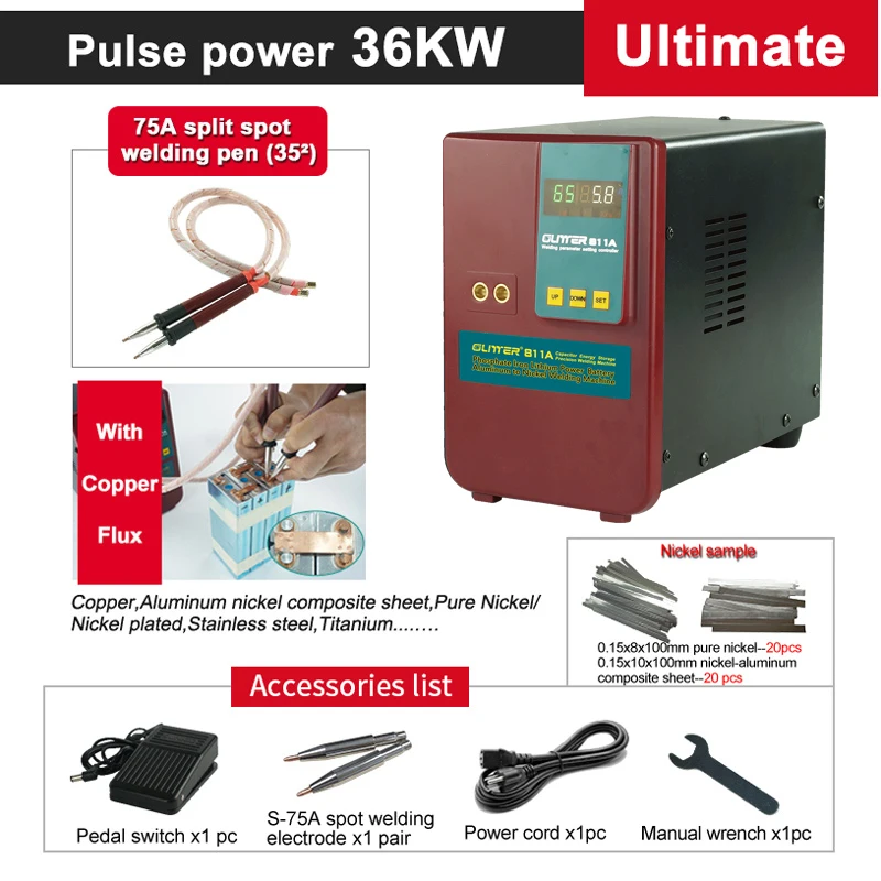 

Glitter 811A Spot Welder 36KW Pulse Power Spot Welding Machine For Lifepo4 Lithium Battery Copper Pure Nickel Welding Equipment