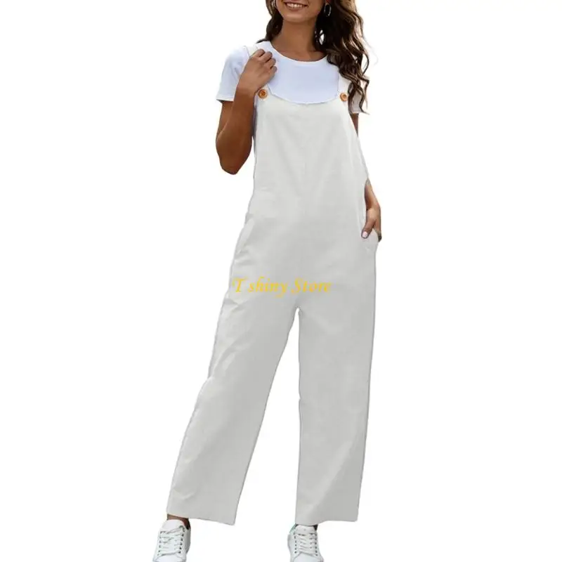 N58F Retro Women's Jumpsuit Adjustable Straps Loose Fit Wide Leg Pockets