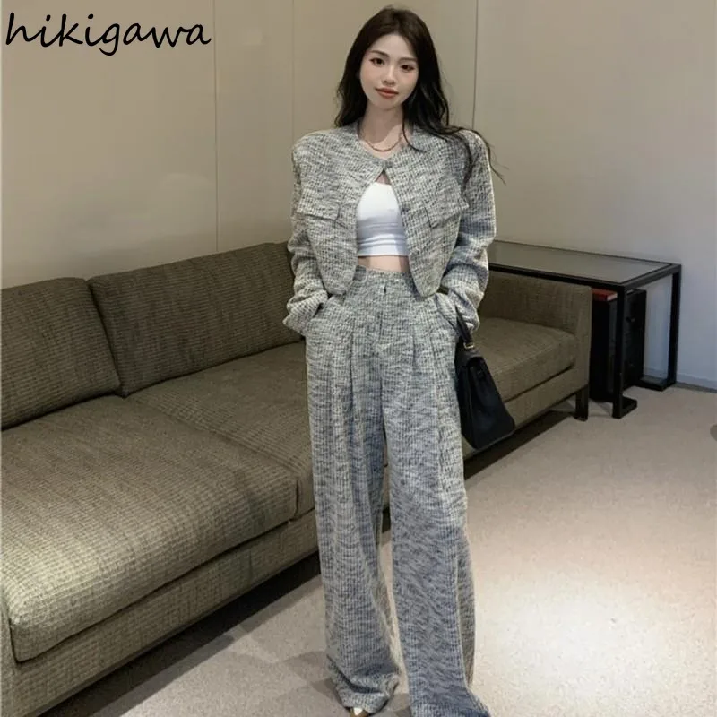 Pants Suit 2 Piece Sets Womens Outfits O-neck Cropped Coat High Waist Straight Wide Leg Pants Suit Casual Fashion Korean Set