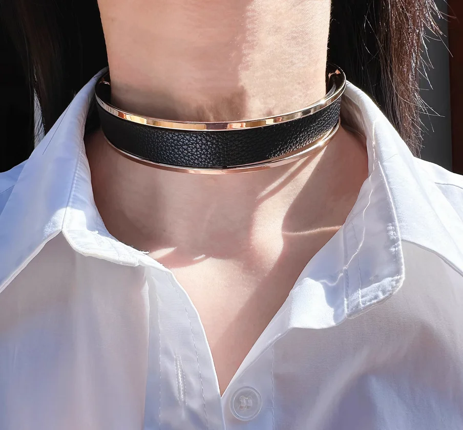 

High-quality foreign trade jewelry European and American fashionable black leather metal collar female cool personality choker n