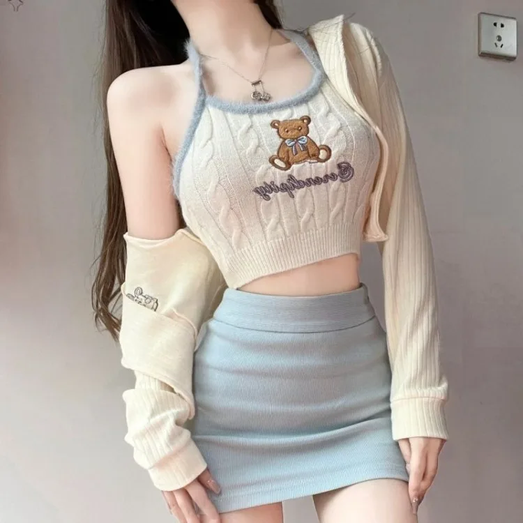 2024 Autumn New Long Sleeve Knitted Tops Women+ Y2k Slim Fit Bottoming Vest for  High Waist Blue Skirts Three Piece Sets