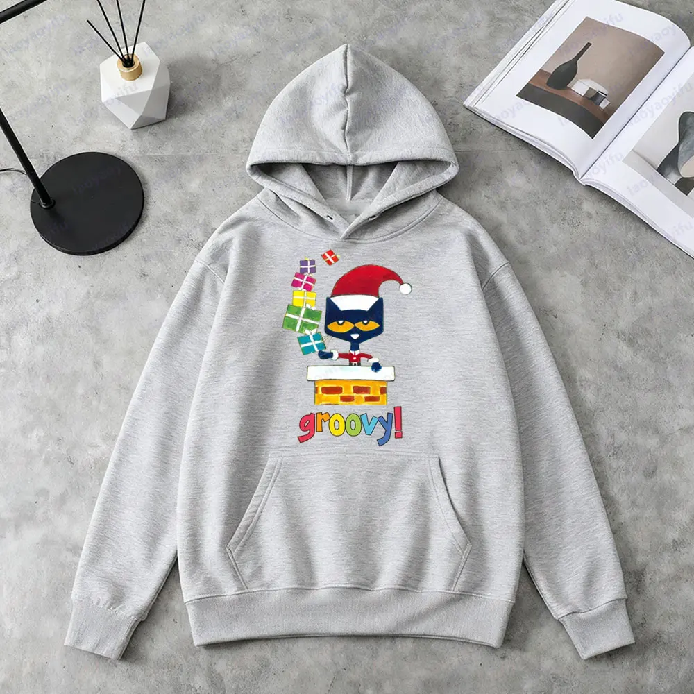 Pete The Cat Groovy Christmas Sweatshirt Funny Santa Cat Clothing Cute Holiday Gift Women Hoodies Casual Fall Winter Apparel