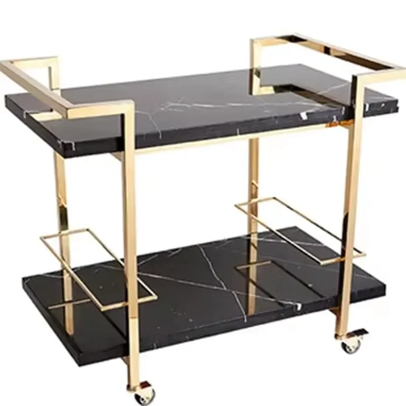 Modern Marble Top Bar Cart with Stainless Steel Frame and Rattan Shelves Mobile Serving Trolley for Living Room Kitchen Home