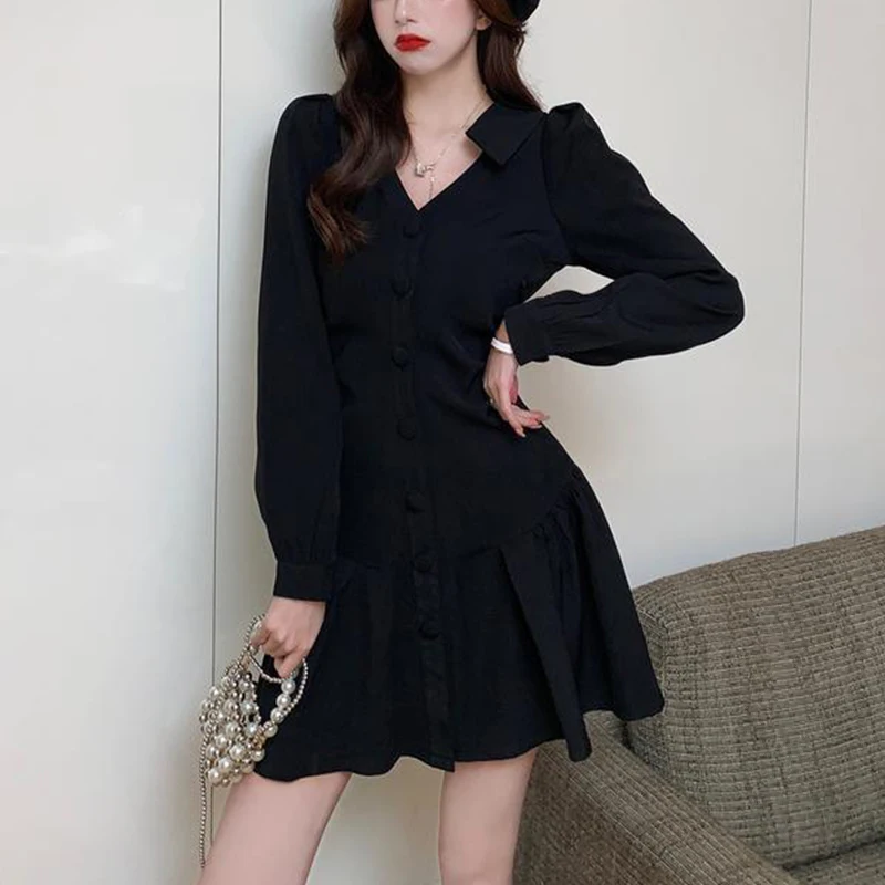 Spring New Sexy V-neck Pleated Single Breasted Mini Dress Lady Long Sleeve Slim Casual Fashion Robe Dresses Vestidos De Fiesta