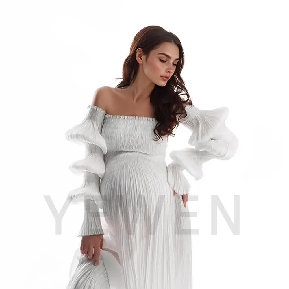 Off-shoulder geplooide zwangerschapsfotoshootjurk Lange jurken met lantaarnmouwen voor zwangere fotografie Strandfotoshootoutfits ​