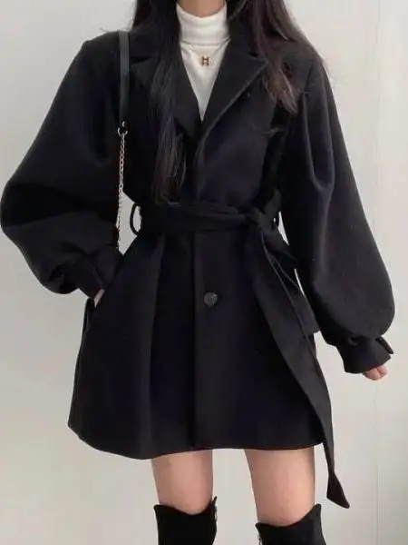 Korean Style Autumn Winter Woolen Coat Women's Tailored Lapel Medium Length Stylish Personality Belted Outerwear Jacket