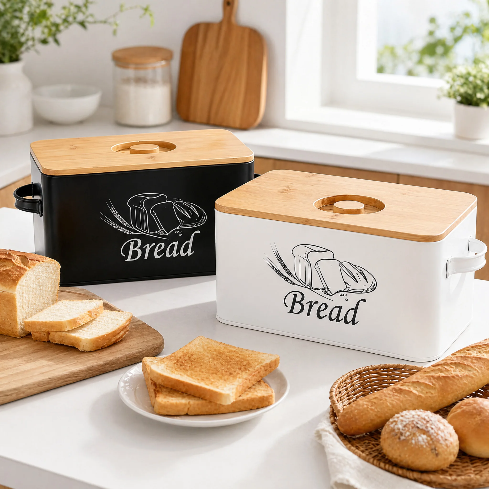 Large-capacity Metal Bread Box, Bread Container With Bamboo Lid, Kitchen And Outdoor Food Storage Container With Handle