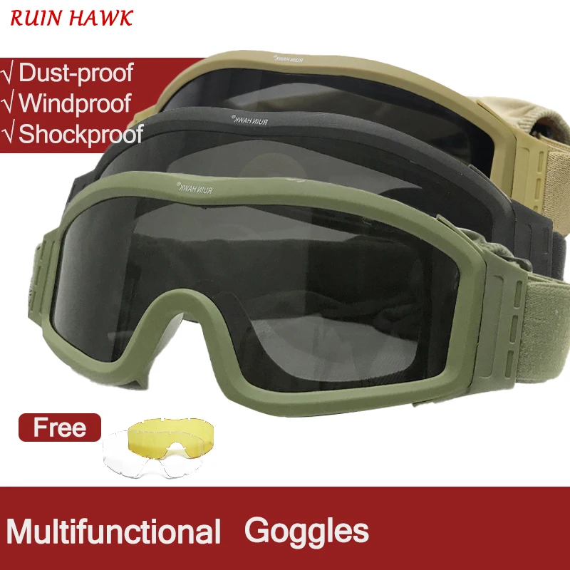 

Tactical Goggles Military Airsoft Shooting Glasses Black 3 Lens Motorcycle Windproof Wargame Sunglasses