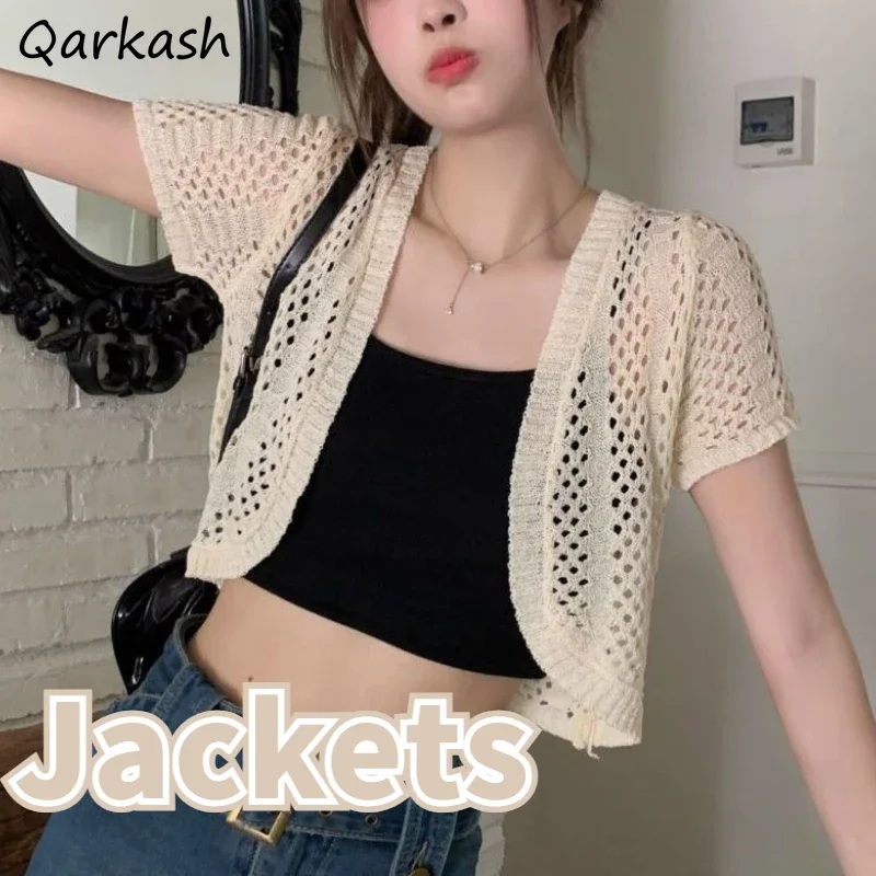 

Sunscreen Hollow Out Jackets Women Clothing Cropped Vintage Streetwear Summer Aesthetic Temper Soft Tender Casual Solid Basics