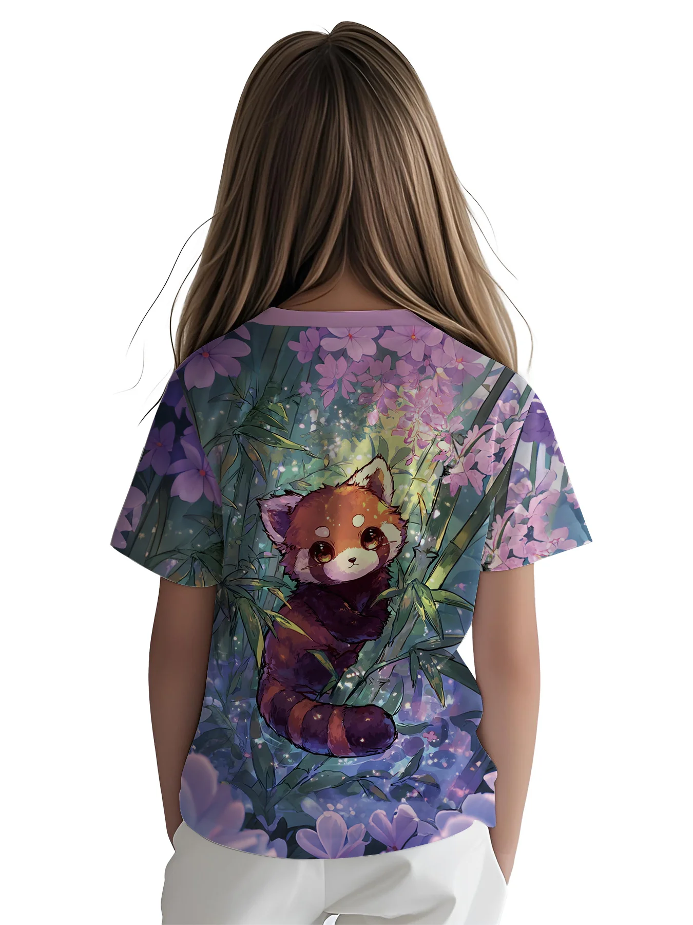 Watercolor Red Panda Print Girls T-Shirt, Purple Floral Bamboo Crew Neck Short Sleeve Toddler Casual Top