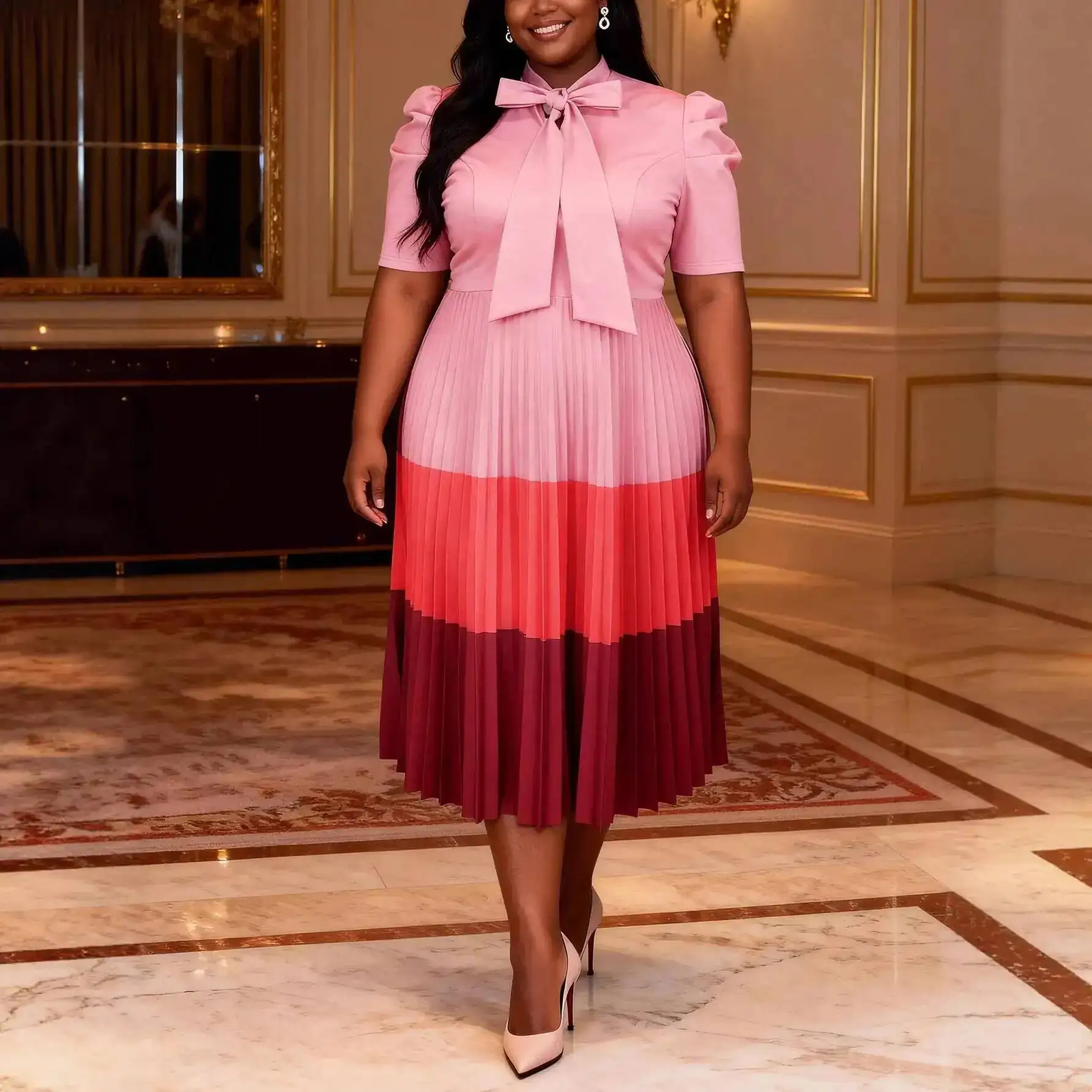 Plus-size Women's Dress With Tie Collar And Contrasting Colors, Pleated Skirt, Comfortable, Elegant, Slimming, High-waisted Y2K