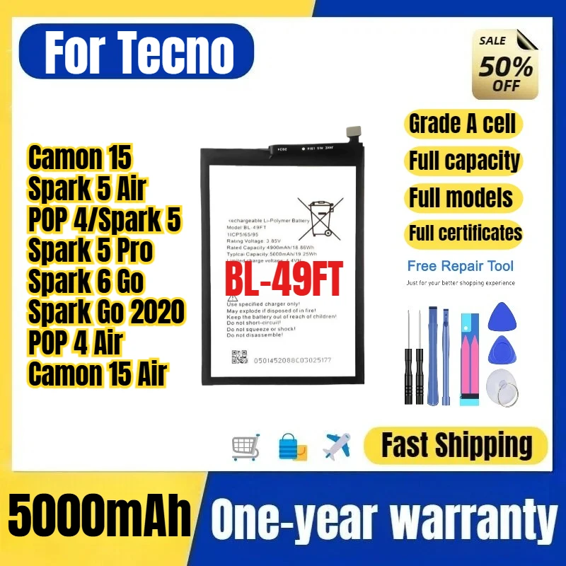 BL-49FT for Tecno Camon 15/Spark 5 Air/POP 4/Spark 5/Spark 5 Pro/Spark 6 Go/Spark Go 2020/POP 4 Air/Camon 15 Air Phone Battery