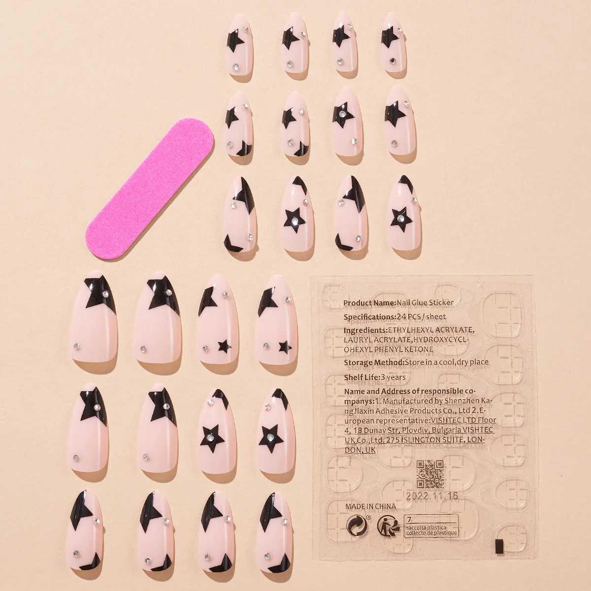 24pcs Black Star False Nail Tips y2k Style unghie finte Manicure Set Almond False Nail Patch per ragazza donna indossabile copertura completa