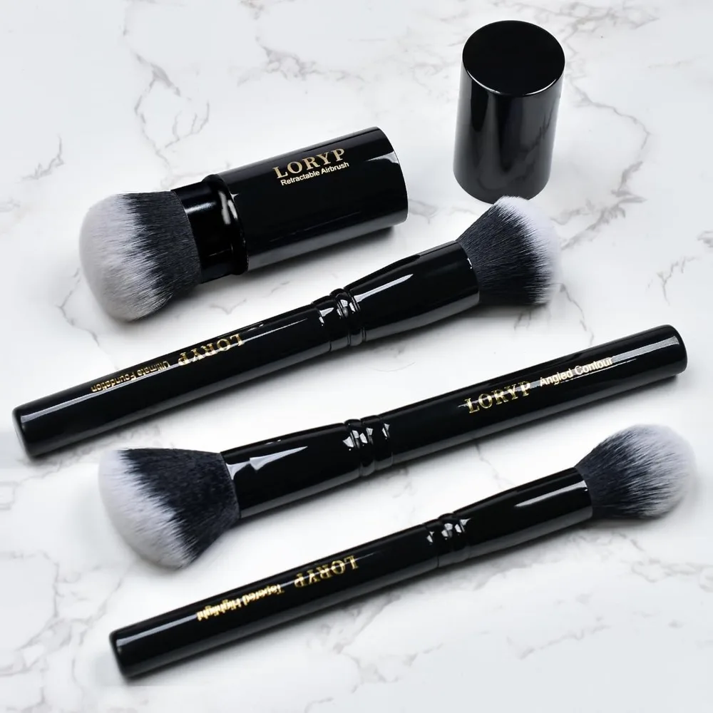 4-teiliges professionelles Make-up-Pinsel-Set für das ganze Gesicht mit einziehbarem Kabuki-Airbrush für Puder, Flüssigkeit, Creme, abgewinkelter Rougepinsel, Fo