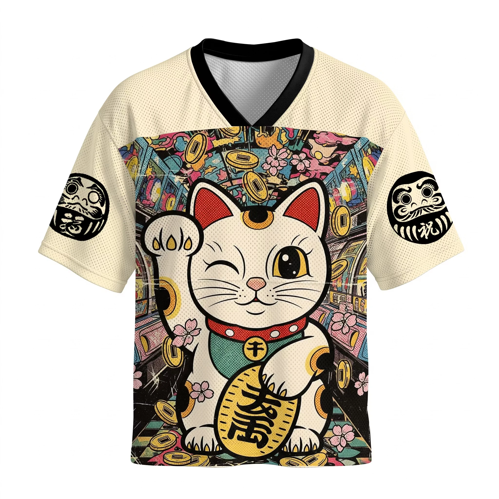 Retro Japanese Lucky Cat Pattern, Retro Daruma Coin Cherry Blossom Top, Harajuku Style Unisex Street Sports Breathable T-shirt