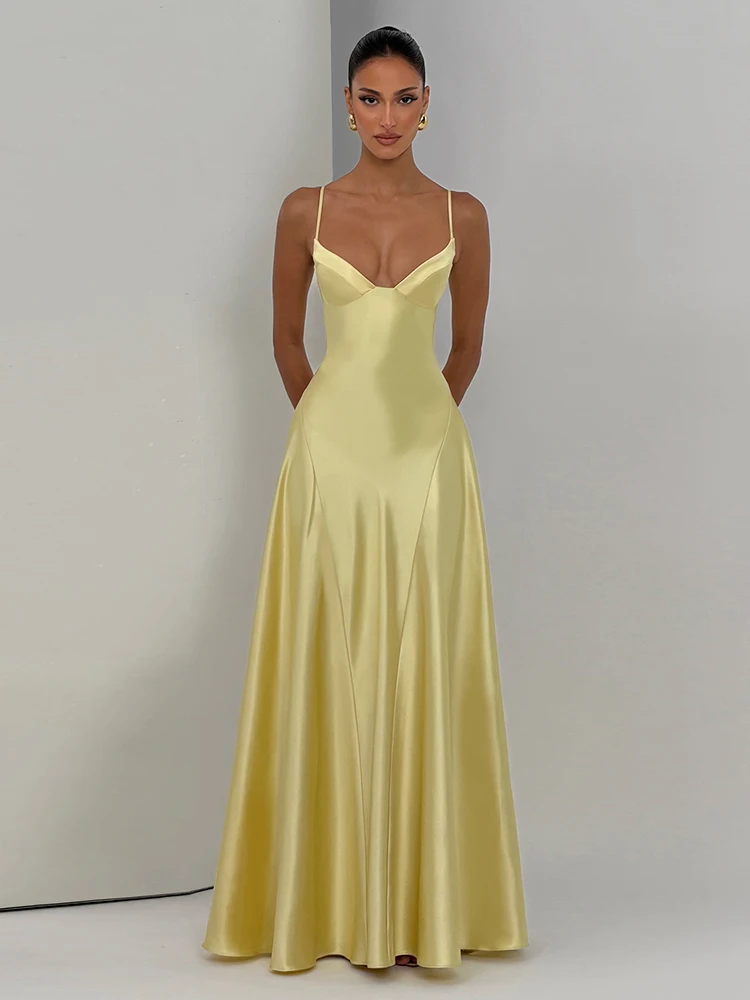 Kliou Silky Satin Sling Dress Woman Summer Trend Low-Neck Backless Shape Waist Midnight Prom Party Ruched Elegant Long Bodycon