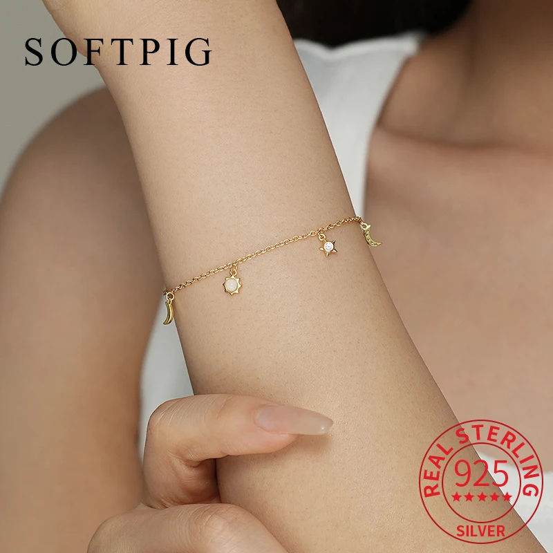 

SOFTPIG Real 925 Sterling Silver Star Moon White Agate Zircon Charm Bracelet for Women Cute Fine Jewelry 18K Gold Accessories