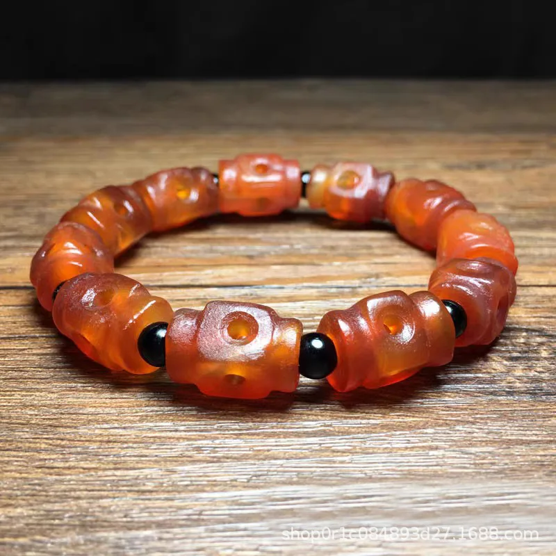 Antique Red Liao Jin Old Orange Peel Agate Hollow Transparent Carved Bracelet Spacer Beads Ornament