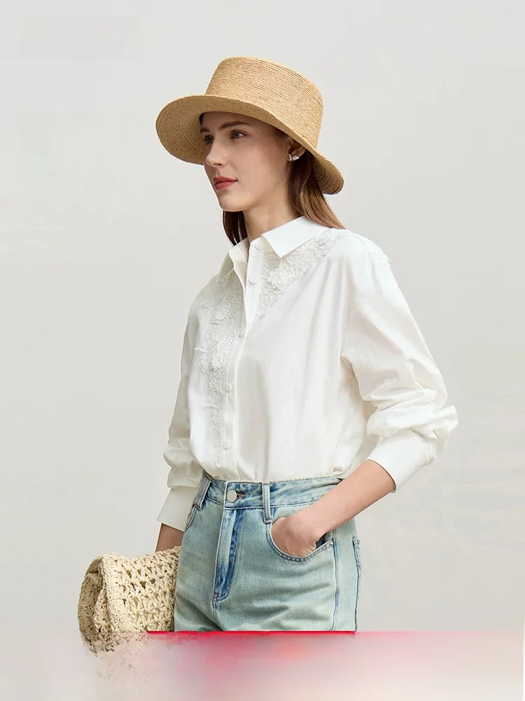 

Spring New Style Commute Lace Splice Loose Shoulder Sleeve Turn-down Collar Women's Shirt Long Sleeve Mid-length Top