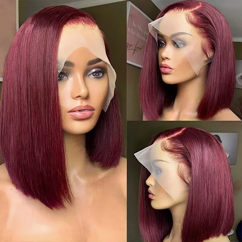 

Red Burgundy 99J 13x4 Straight Short Bob Wigs Human Hair Virgin Hair Pre Plucked Transparent Lace Front Human Hair Wig For Women