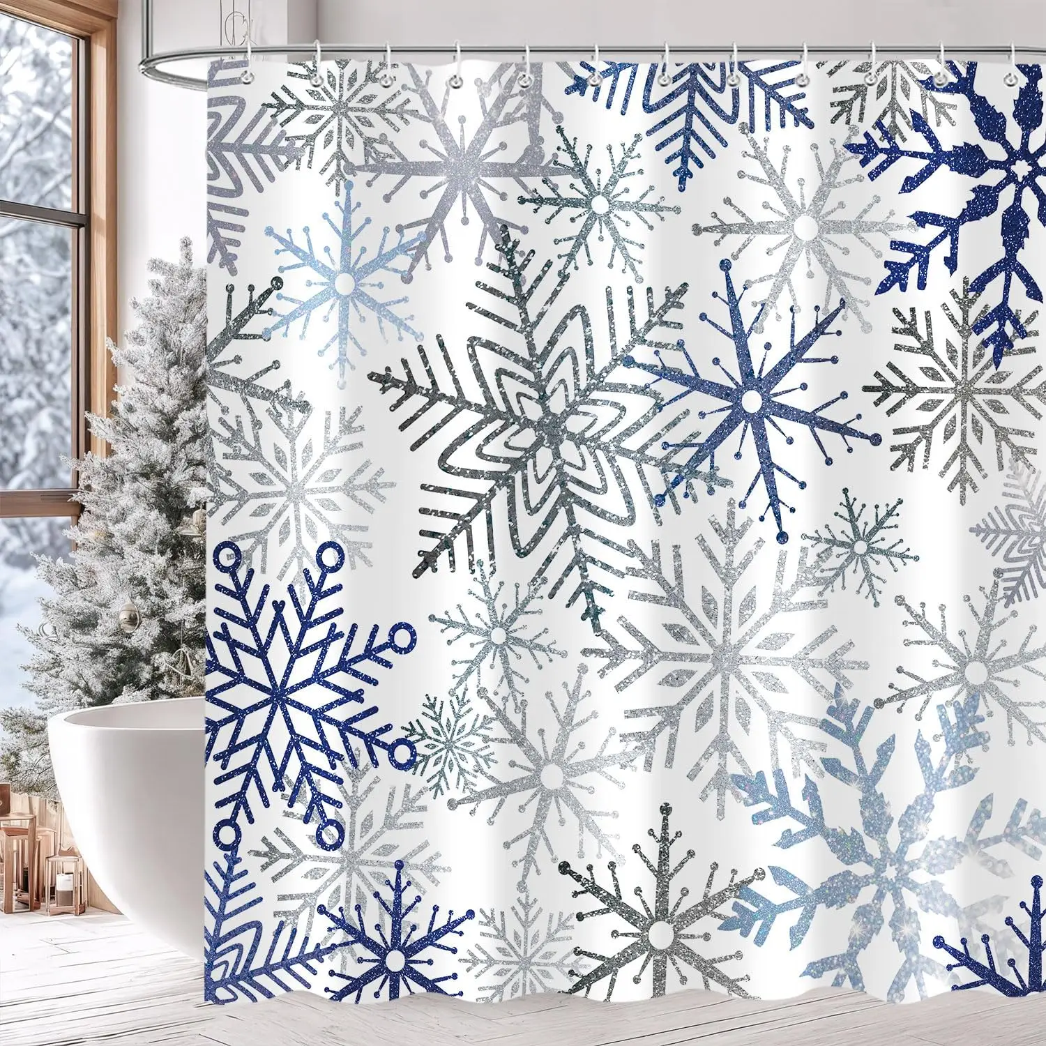 

Christmas Snowflake Shower Curtain, Blue Xmas Winter Snow Bathroom Decor, Silver Grey Snowflake Christmas Holiday Simple Shower