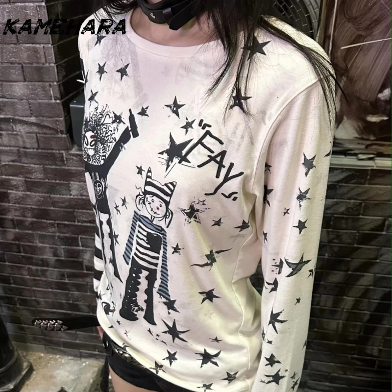 

KAMEHARA Japanese Subculture Millennial Style Y2k Shirt Beige Star Print Striped Patchwork Design Long Sleeve T-shirt Top Female