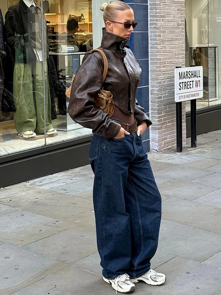 Veste en cuir pour femme, col montant, manches longues, tunique, simple boutonnage, manteau tendance pour femme, vêtement de moto et d'extérieur, printemps