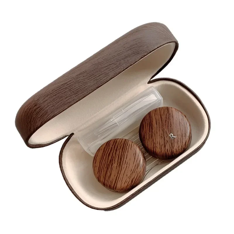 Myopia Contact Lens Case Vintage Leather Wood Grain Large Diameter Leakproof Storage Double Partner Simple Contact Lenses Box