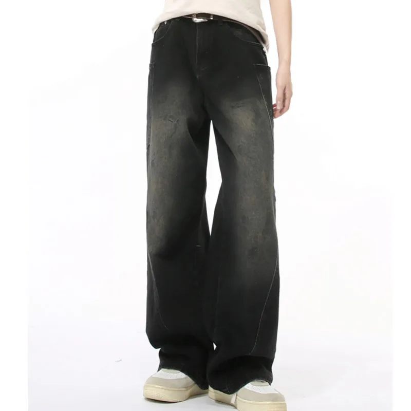 Celana Jeans Pria Model Muda Trendi Gaya Amerika High Street, Desain Splicing, Aging, Deconstructing, Fashionable, Serbaguna, Potongan Lurus Longgar