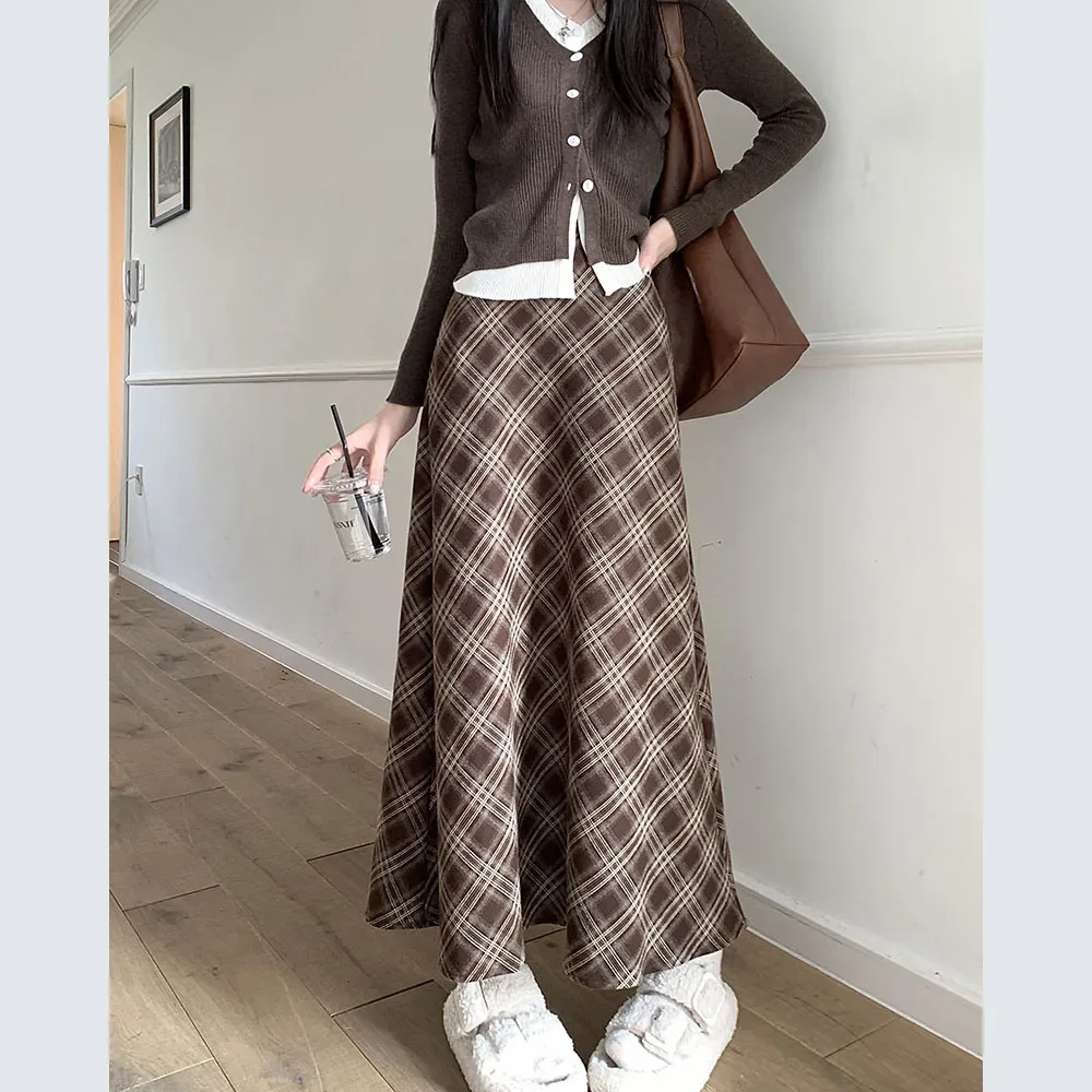 Vintage Plaid Long Skirt Women Korean Fashion Elastic High Waist  A-line Skirt Female Preppy Style Slim Fit Outwear Clothes Y2k