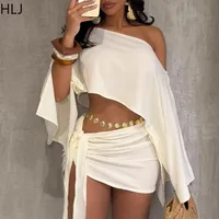 HLJ elegante fuera de Showlder trajes de dos piezas mujer verano un hombro manga acampanada Top corto suelto y falda traje ropa de calle nuevo
