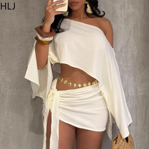 HLJ elegante fuera de Showlder trajes de dos piezas mujer verano un hombro manga acampanada Top corto suelto y falda traje ropa de calle nuevo