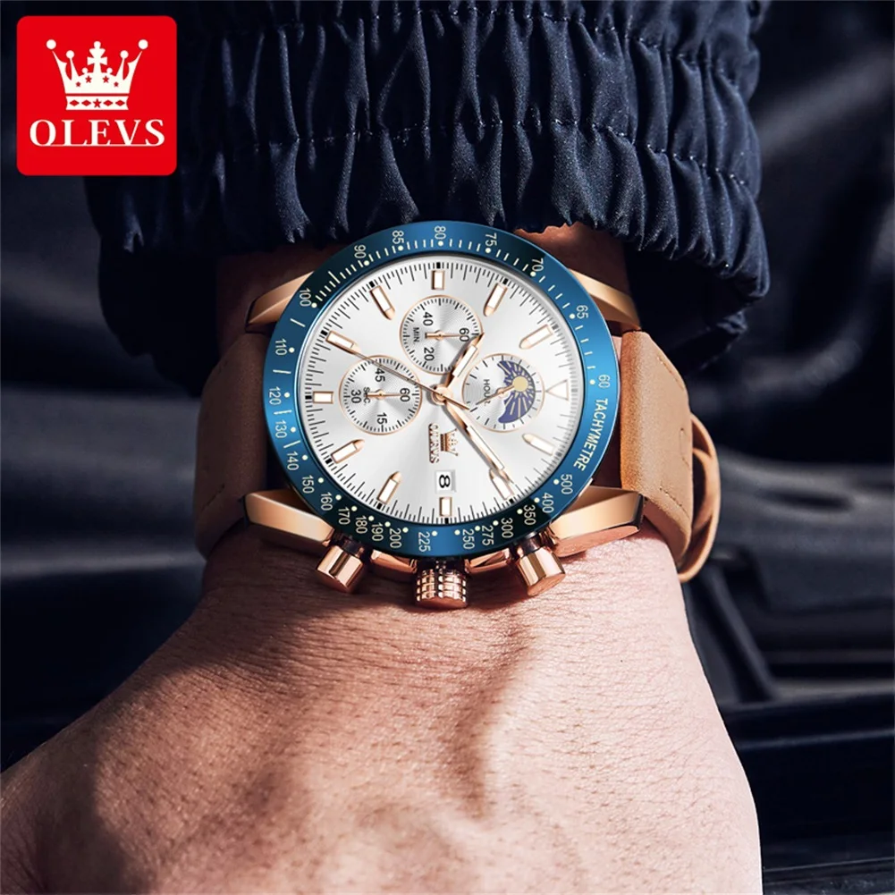 OLEVS Mens Watches Business Multifunctional Chronograph Quartz Wristwatch For Man Brown Leather Watch Bands Moon Date Waterproof