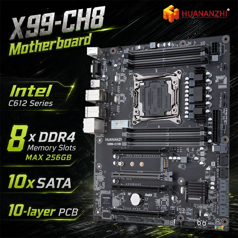 HUANANZHI X99-CH8 Motherboard Set with Intel Xeon E5 V3 V4 CPU DDR4 8xRAM Dual LAN 10 SATA M.2 NVMe U.2 DIY Kit Max 256GB chioce