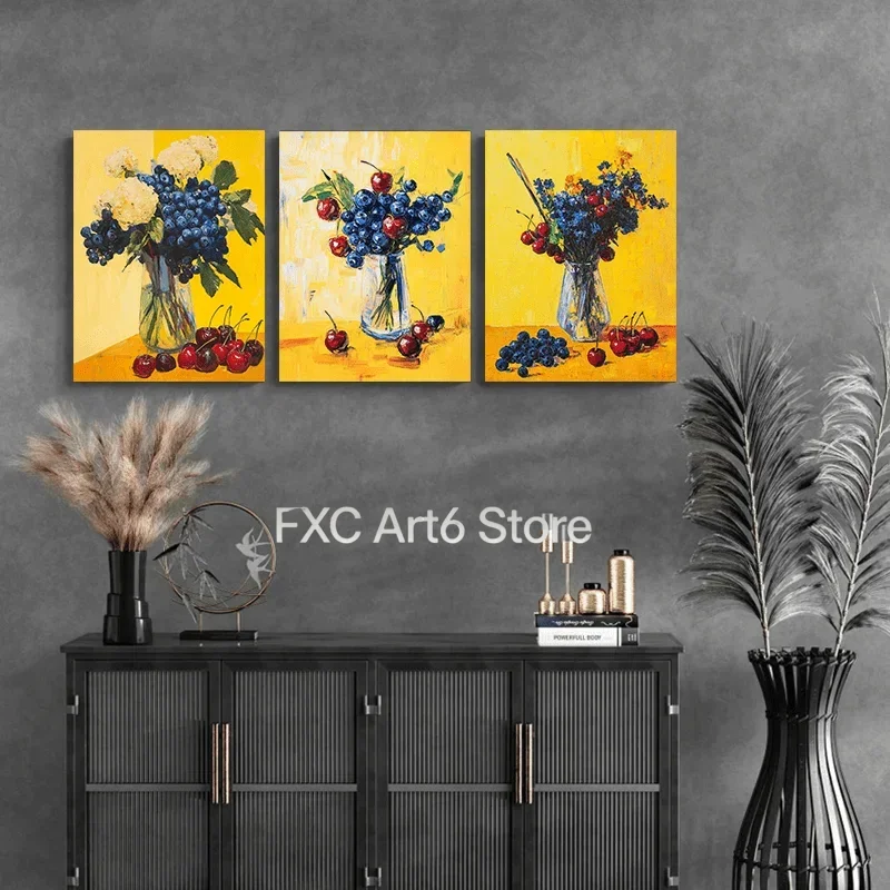 2D Flat 3pcs frameless , , Wall Decor, , , 59.99X80.01 cm, a Bunch of Blueberries And a Bunch of Cherries in a Vase Intere