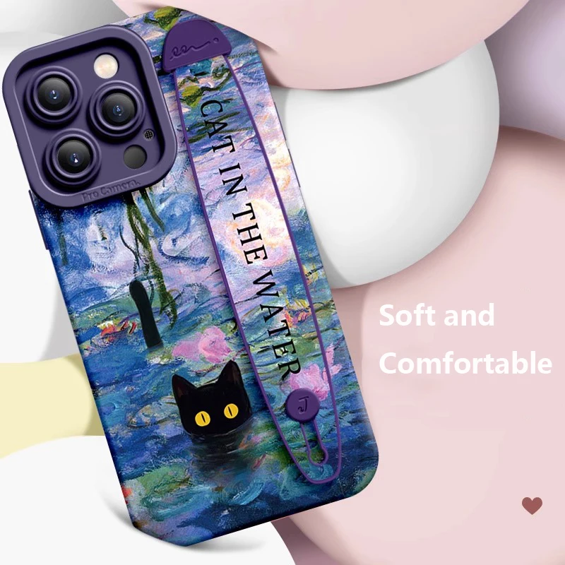 Deluxe Wrist Band Bracket Case For iphone 15 14 13 12 11 Pro Max X XR Xs Silicone Cell Phone Protective Cover Water Lily Cat