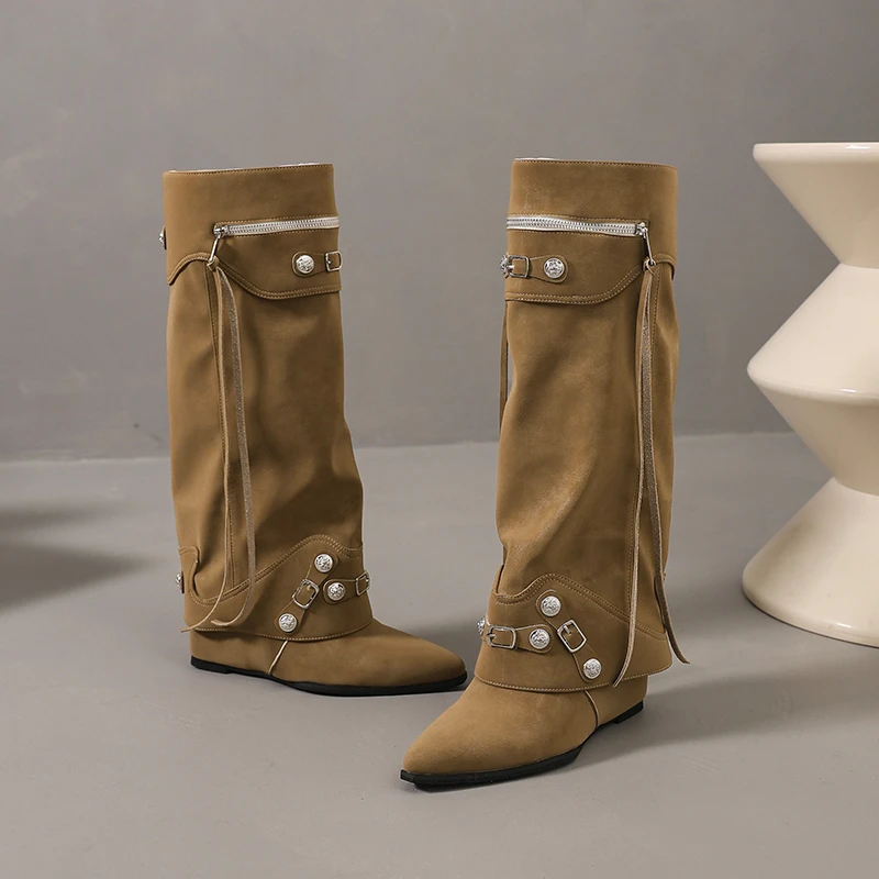 Thigh Boots 2026 Western Denim New Autumn Pointed Toe Piles of Foreign Leather Shoes