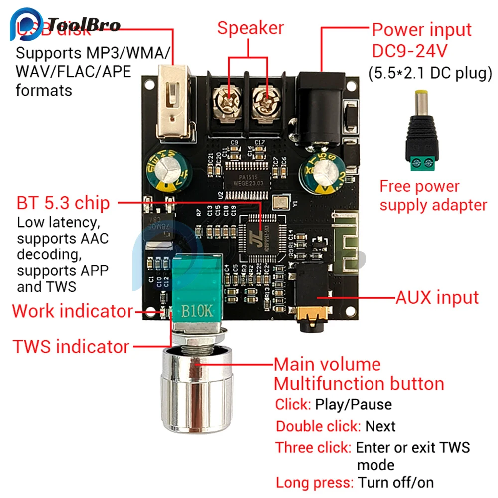 App Control TWS 30W Bluetooth 5.3 Mono Sound Amplifier Board DC 9-24V AUX for Car Speaker Karaoke Smart Home Theater Subwoofer