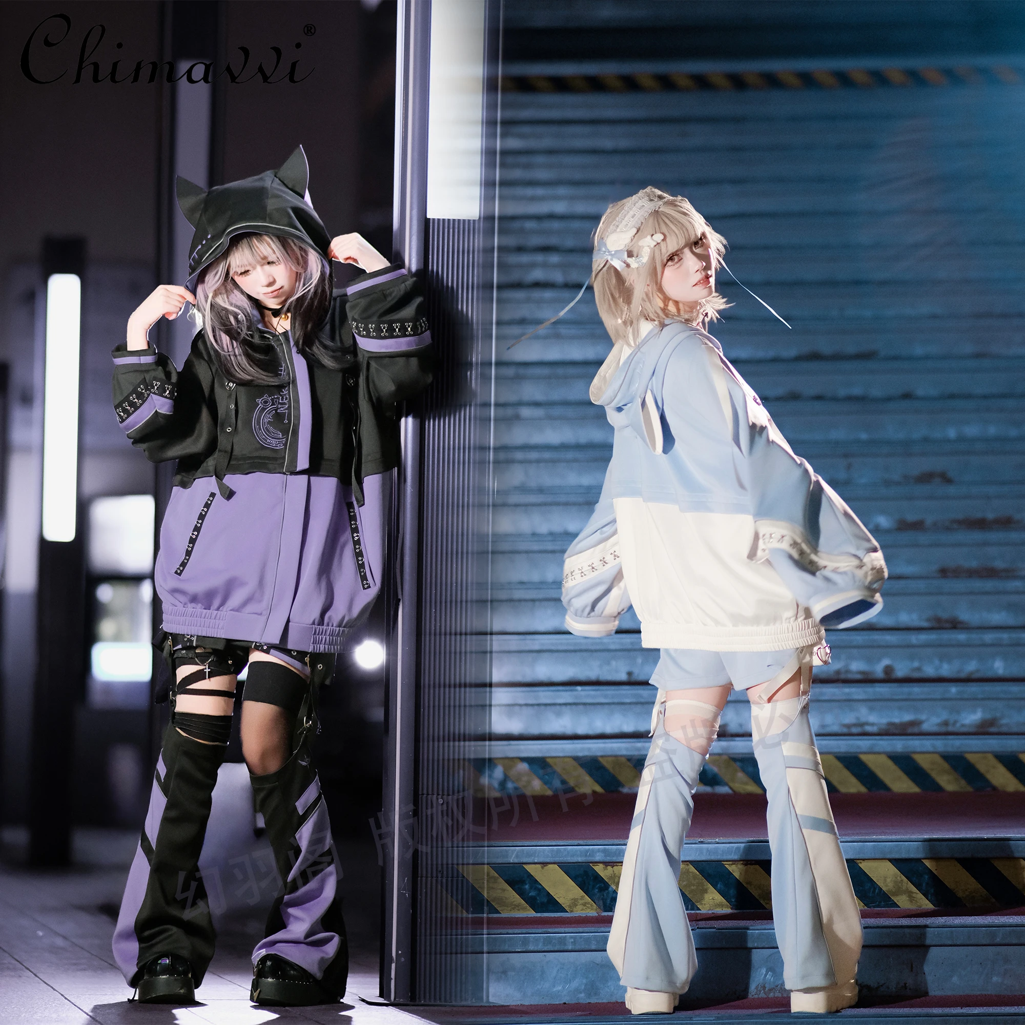 Japanese Functional Punk Tech Sweet Cool Girl Long Sleeve Hoodie Shorts and Leg Warmers Autumn Oversized Women's Three-Piece Set