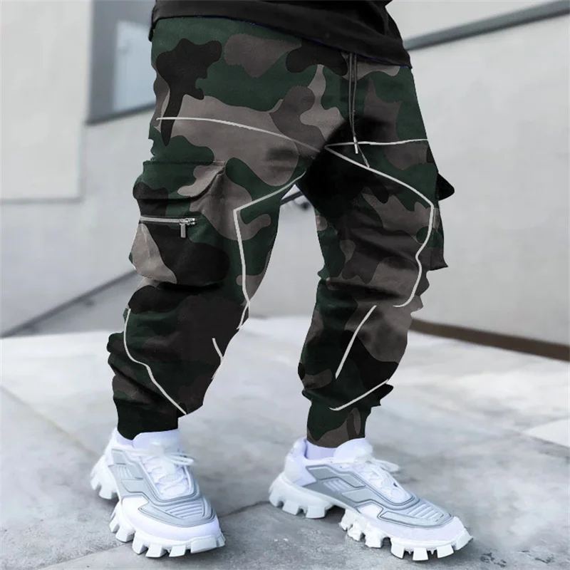 Men's Cashew Flower Print Casual Long Pants Male Cool Street Dance Skateboarding Trousers Hip Hop Clothing Multi-Pocket Overalls