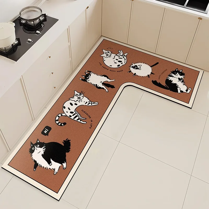 

Kitchen Floor Mats Non-slip Water-absorbing Quick-drying Rug Diatom Mud Dirt-resistant Soft Carpet L-shaped Cartoon Cat Foot Mat