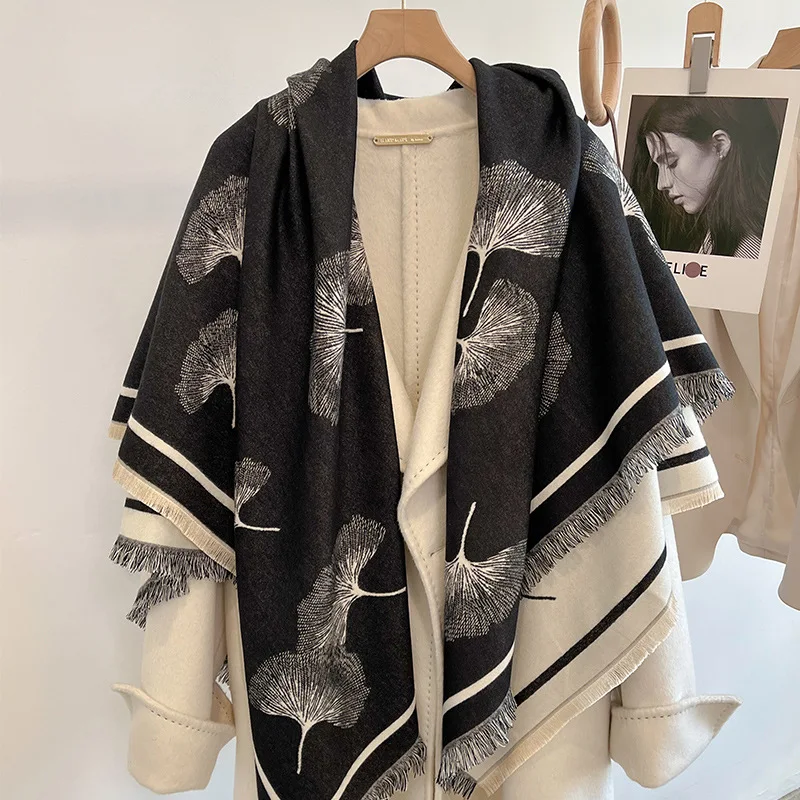 Womens Winter Ginkgo Leaf Print Thick Double Sided Faux Cashmere Warm Square Scarf Fashion Neck Shawl Outerwear Khaki Black Gray