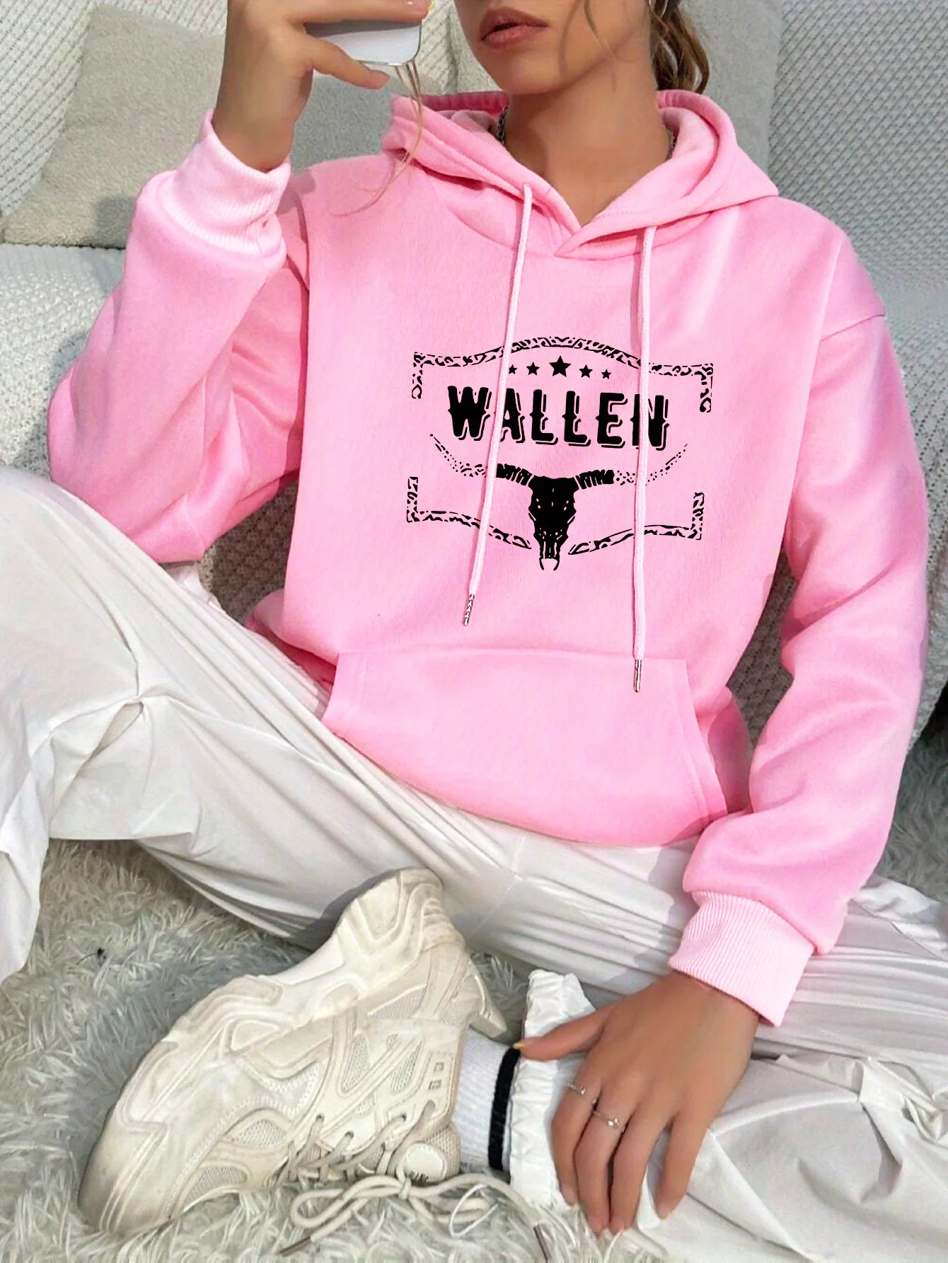

Wallen Print Women Pocket Hoodie Casual Long Sleeve Fashion Hoodies Sweatshirt for Winter Stylish Women Clothing
