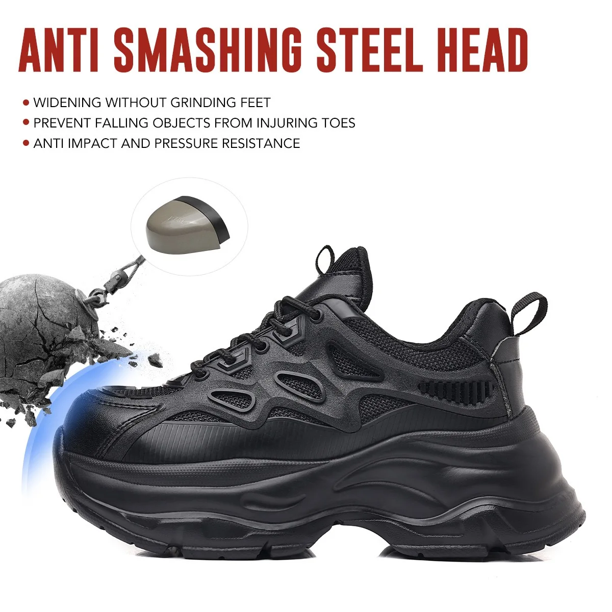 1667 Safety Shoes Women\'s Anti-smash Anti-puncture Increase 5cm Mesh Breathable Anti-slip Protective Shoes Black