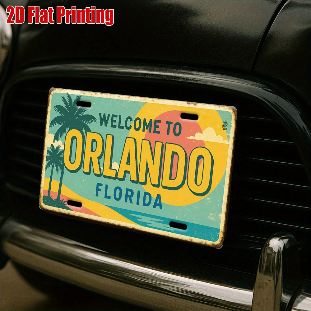 مسطح ثنائي الأبعاد، لوحة ترخيص ألومنيوم قديمة واحدة - مرحبًا بكم في مشهد غروب الشمس أورلاندو فلوريدا، مناسب لغرف الألعاب، ومنازل العطلات