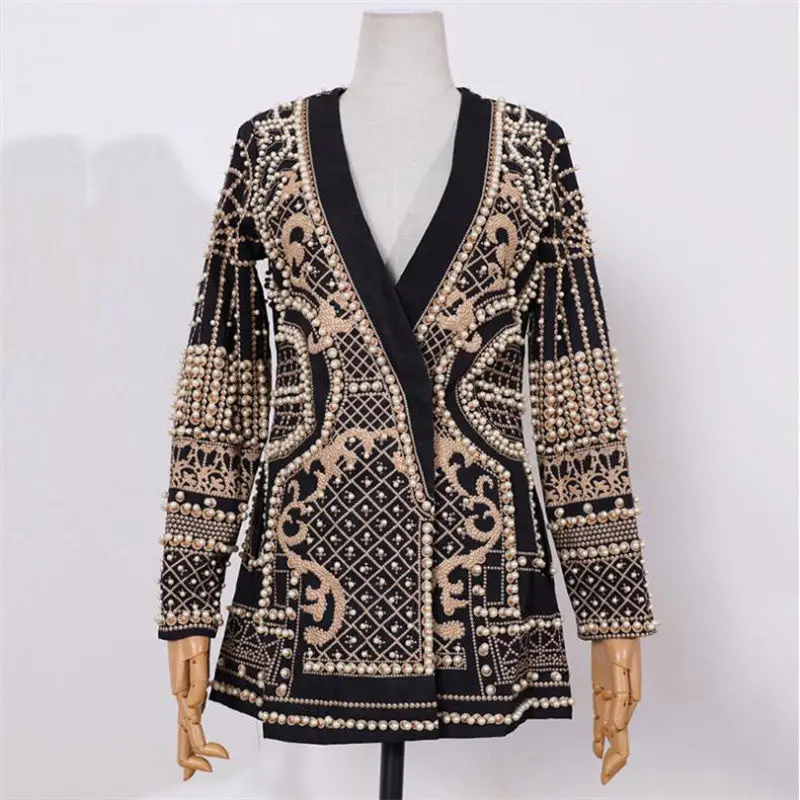 

Newest 2024 Designer Fashion Women's Shawl Collar Stunning Diamonds Pearls Beaded Long Blazer