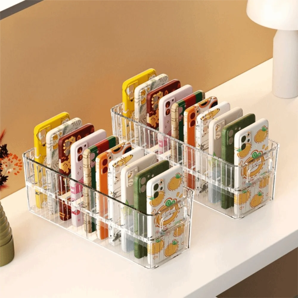 Transparent Phone Case Organizer Removable Dividers With Handle Desktop Storage Box Multi-compartment Large Capacity